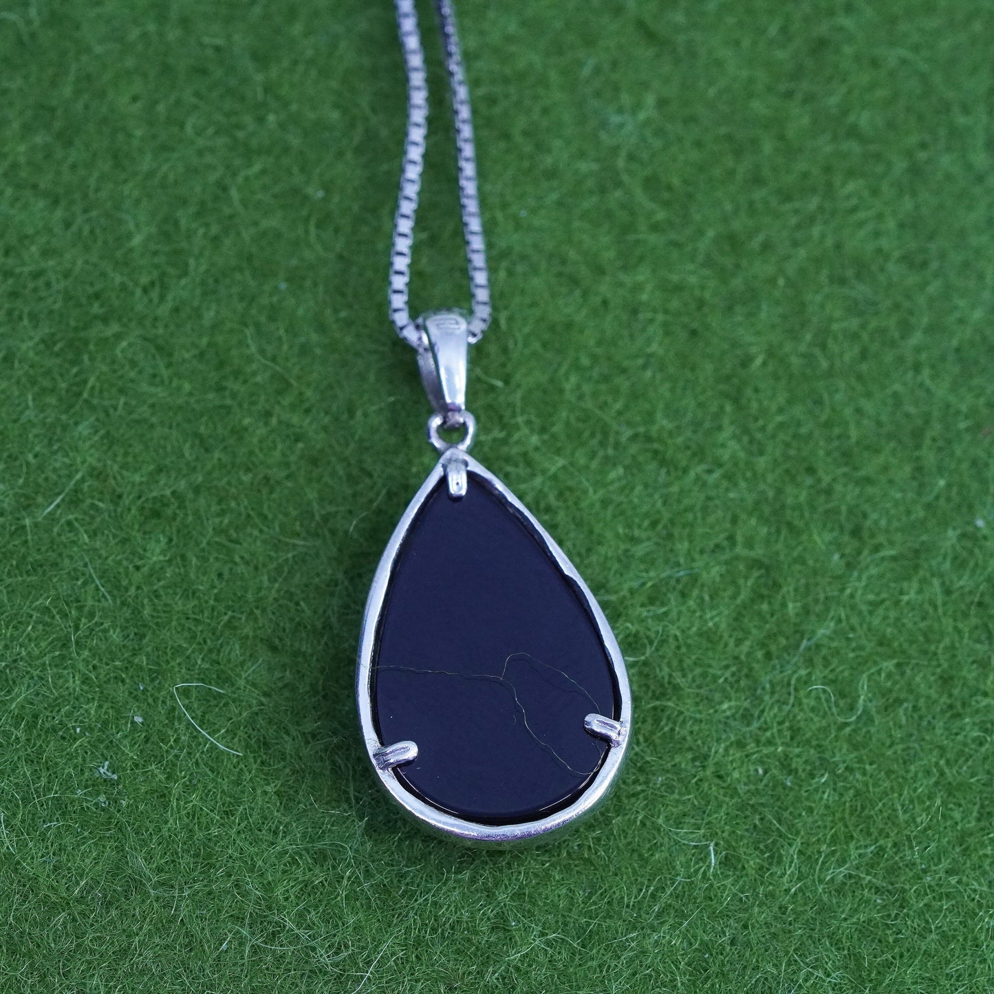 18", sterling 925 silver necklace, teardrop onyx diamond pendant with box chain