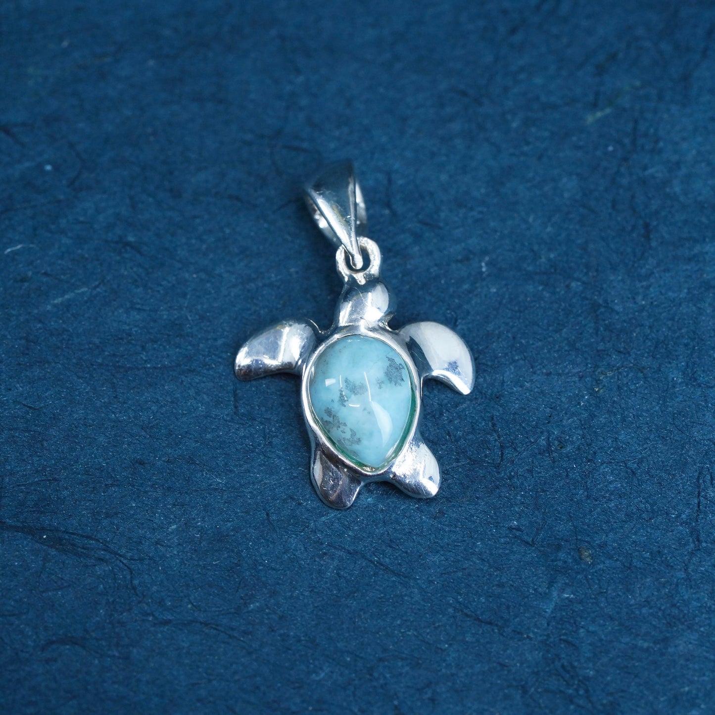 Vintage Sterling silver handmade pendant, 925 silver turtle with larimar inlay