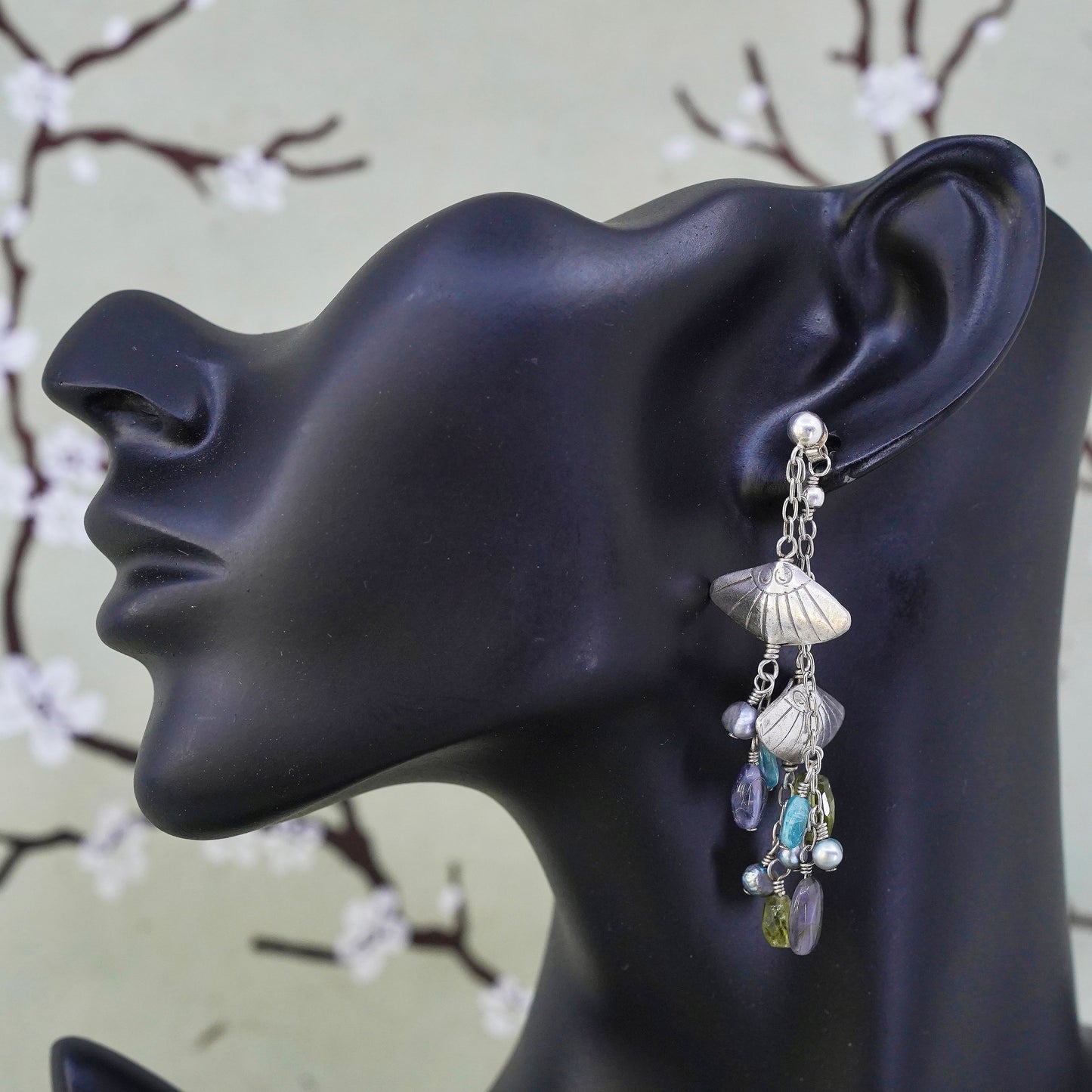 Sterling 925 silver handmade fish earrings with cluster pearl amethyst peridot