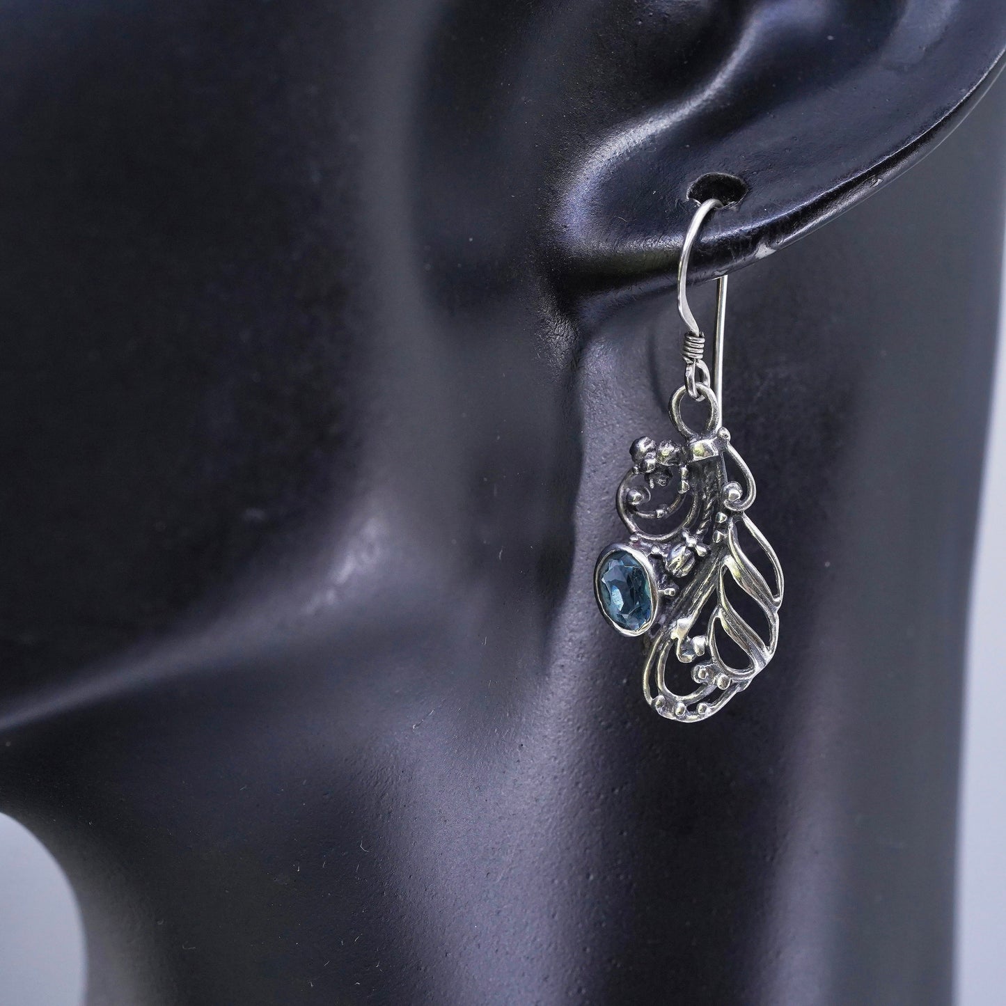 Vintage Sterling 925 silver filigree beaded earrings with blue topaz