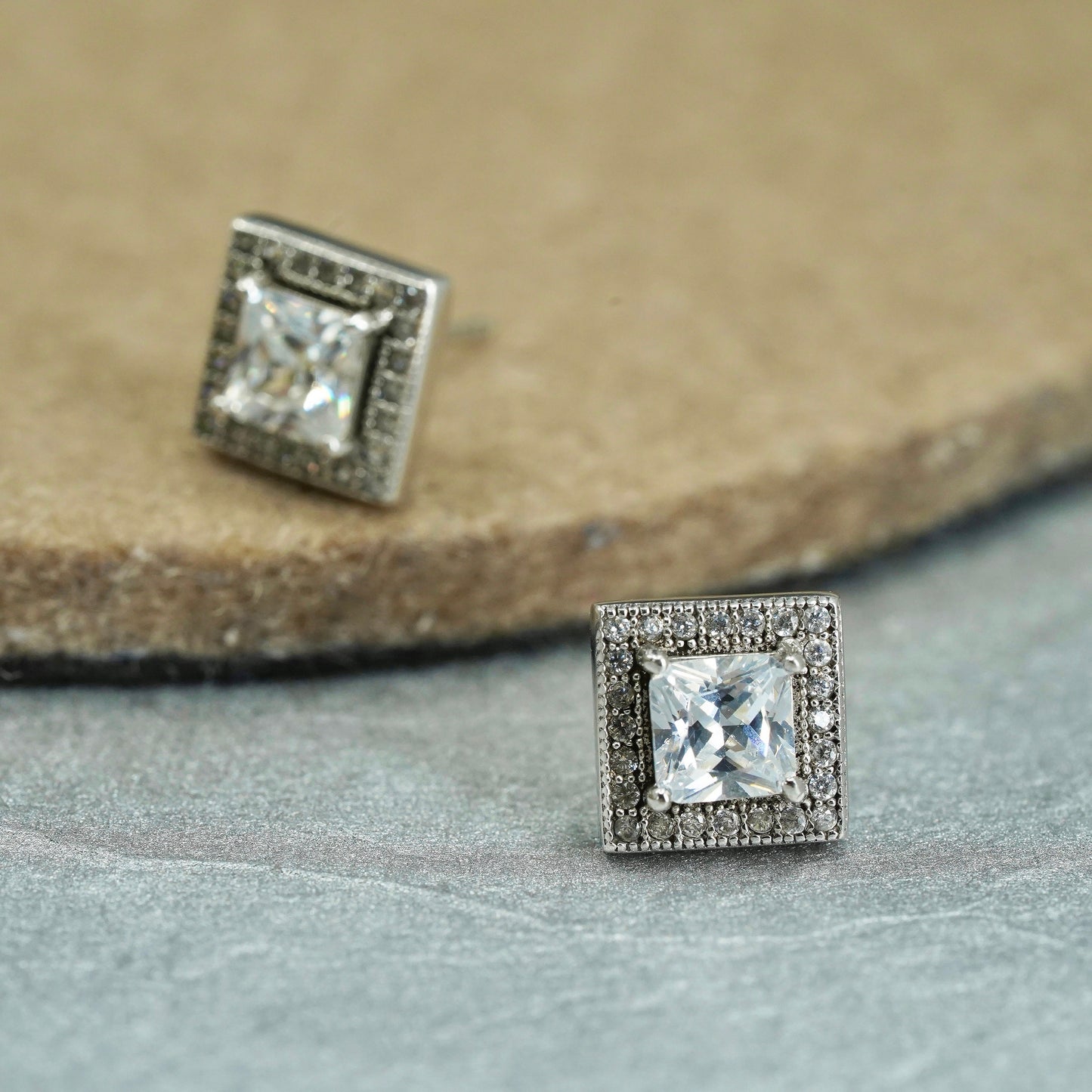 Vintage Sterling 925 silver handmade earrings, square studs with cluster Cz