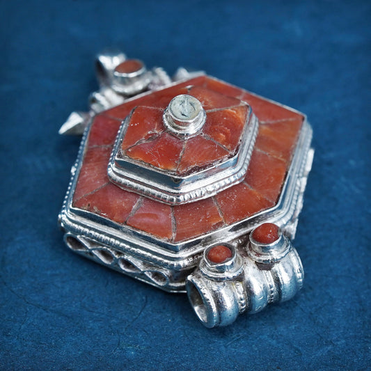 Vintage Native American Sterling 925 silver handmade pendant with coral inlay