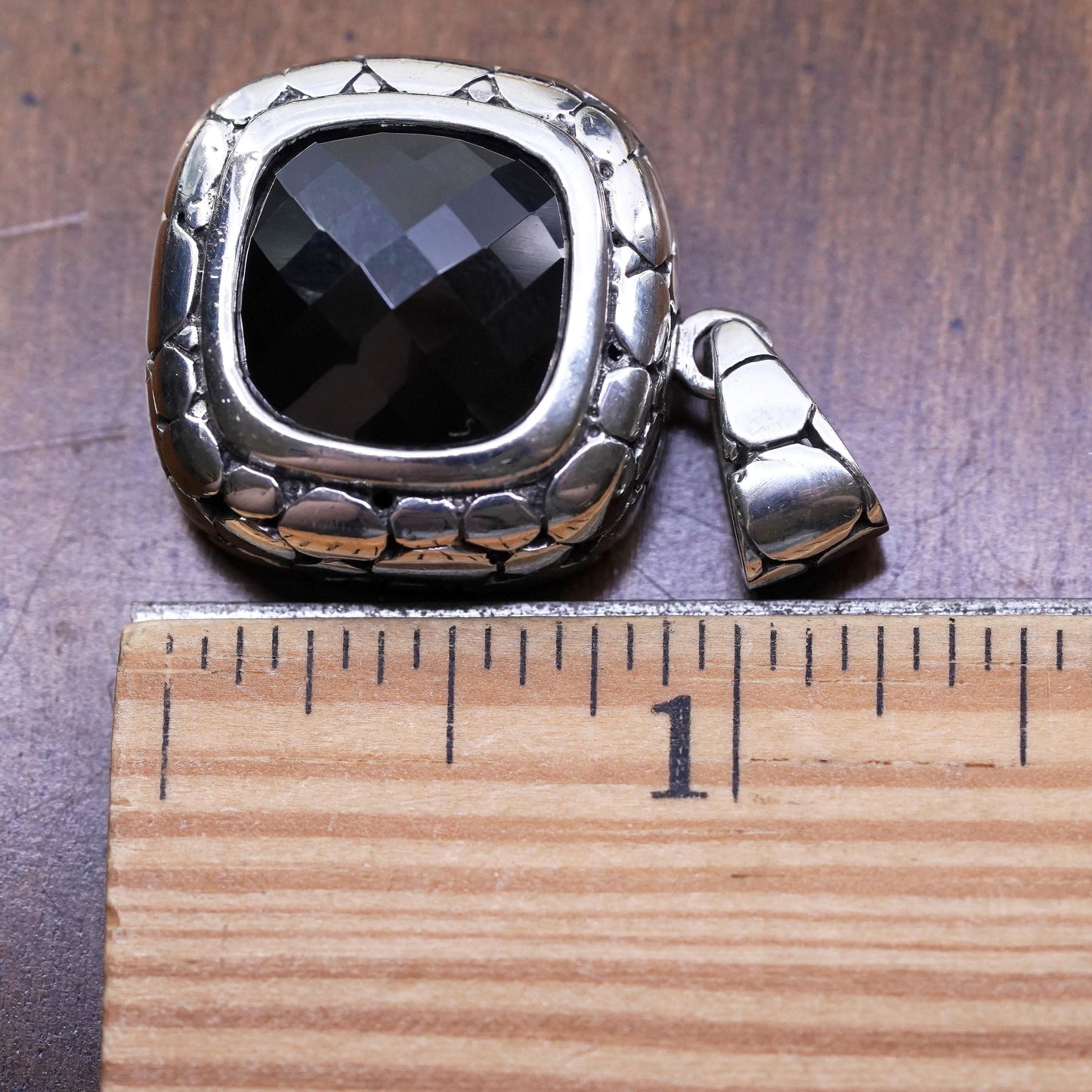 Sterling silver pendant, pebble textured 925 square with checkerboard cut onyx