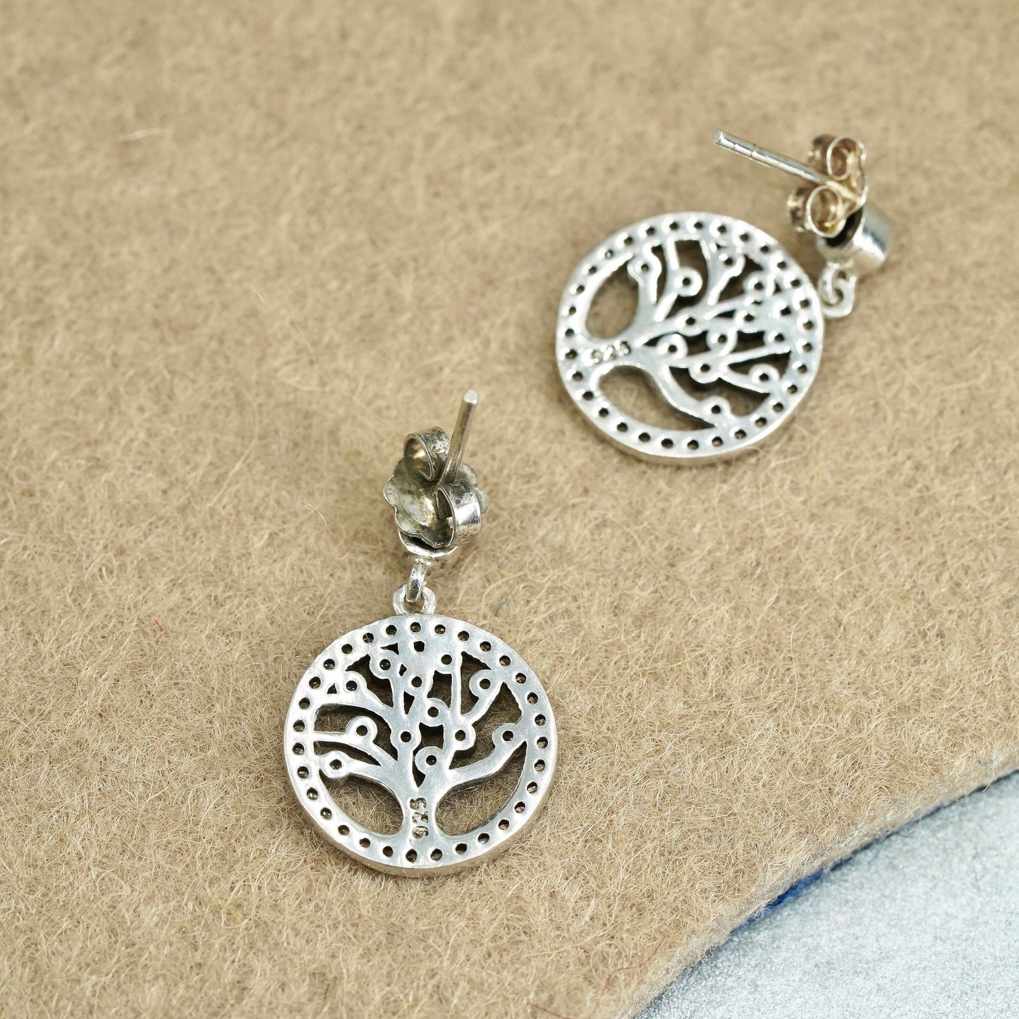 Vintage Sterling 925 silver handmade filigree tree earrings with cluster cz