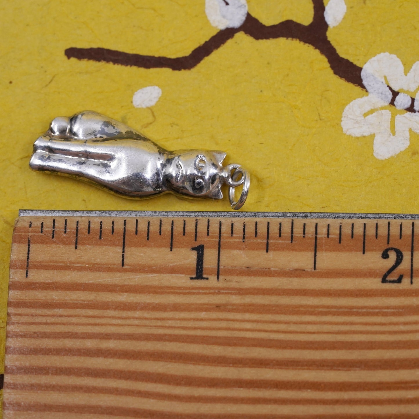 Vintage Sterling silver handmade pendant, 925 puffy cat, kitty charm