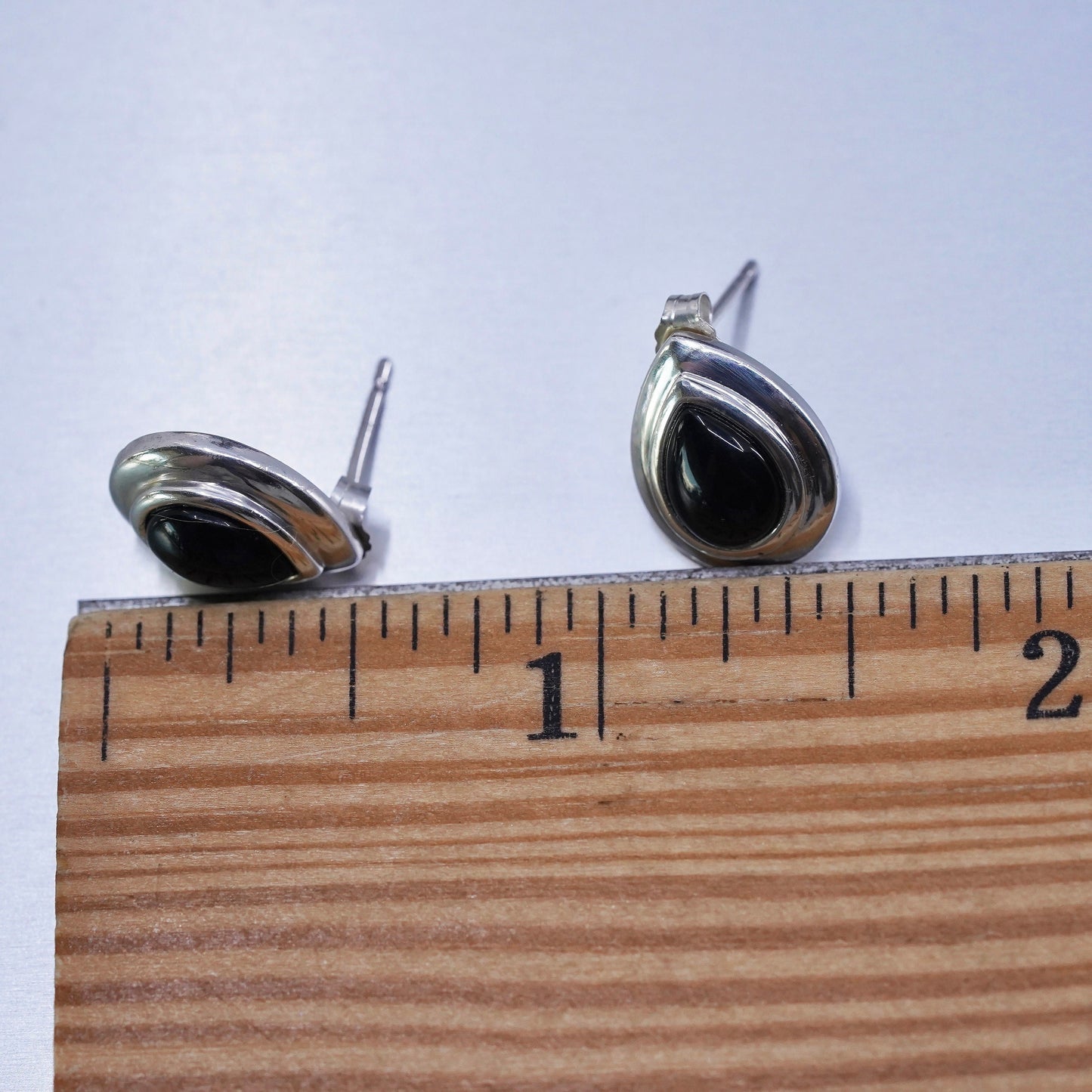 Vintage Sterling 925 silver handmade earrings, studs with teardrop onyx