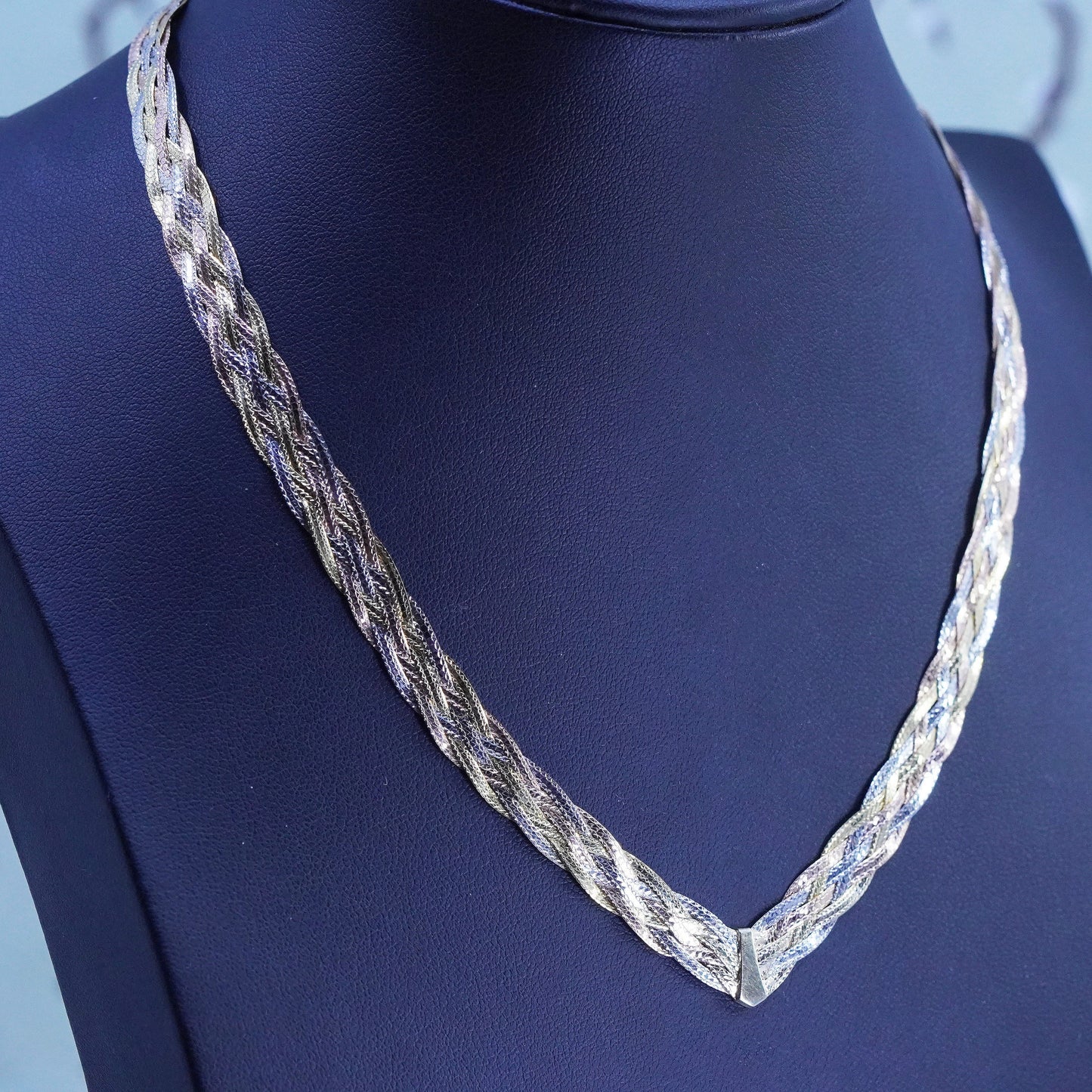 16",, triple tone sterling silver necklace, 925 braided herringbone chain