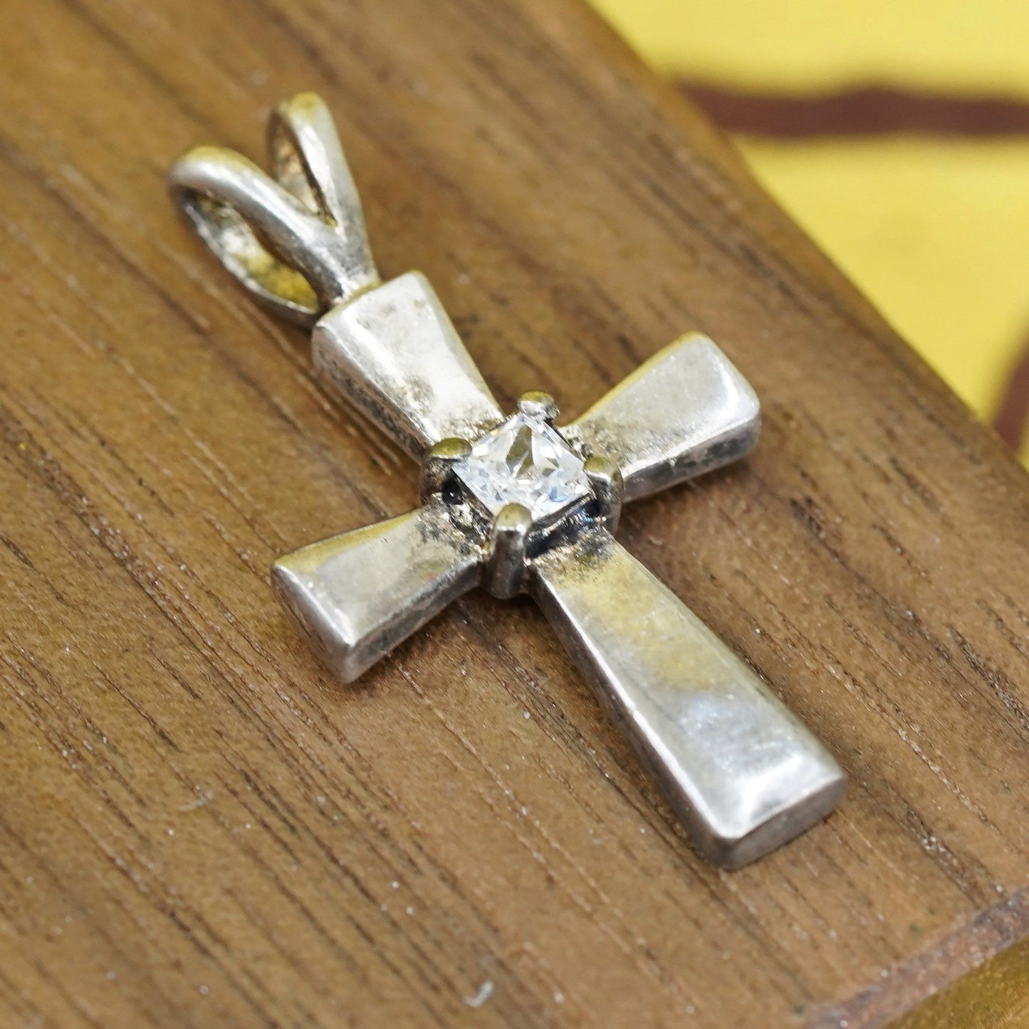 Vintage Sterling silver handmade pendant, 925 cross with Cz inlay, Christian