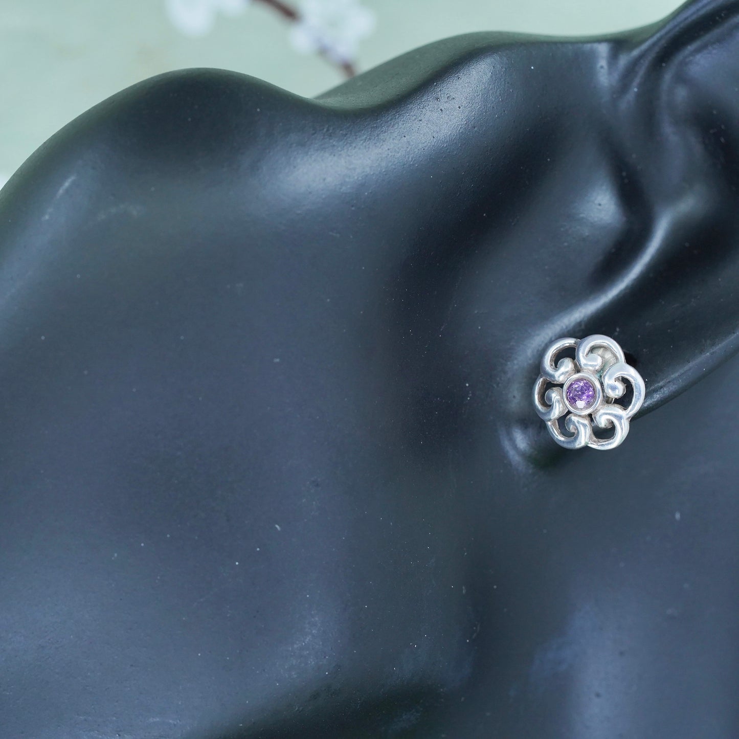 Vintage Sterling silver handmade earrings, 925 flower studs with amethyst