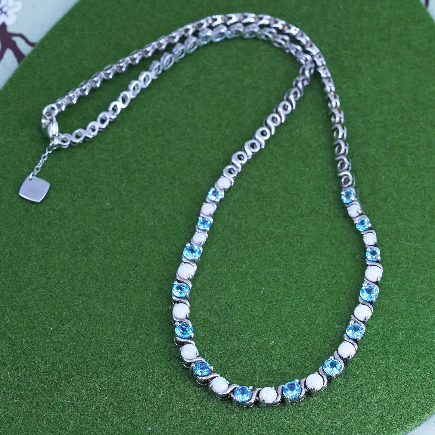 17", EMA sterling 925 silver tennis necklace with white opal and aquamarine