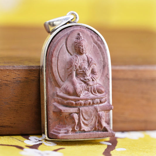 vintage Sterling 925 silver handmade pendant with carved Cinnabar Buddha