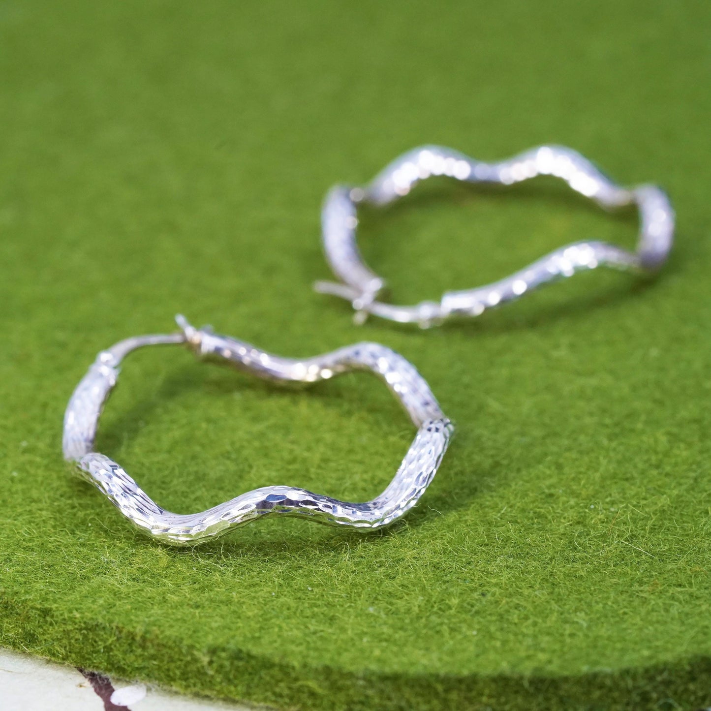 1.5”, VTG sterling silver loop earrings, textured minimalist primitive hoops