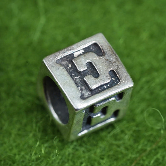 Vintage sterling silver handmade pendant, 925 cube charm engraved letter “E”