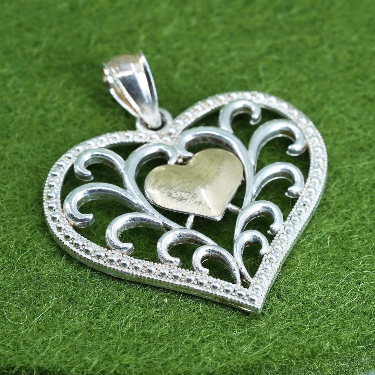 sterling silver handmade pendant, 10K yellow gold with 925 filigree heart charm