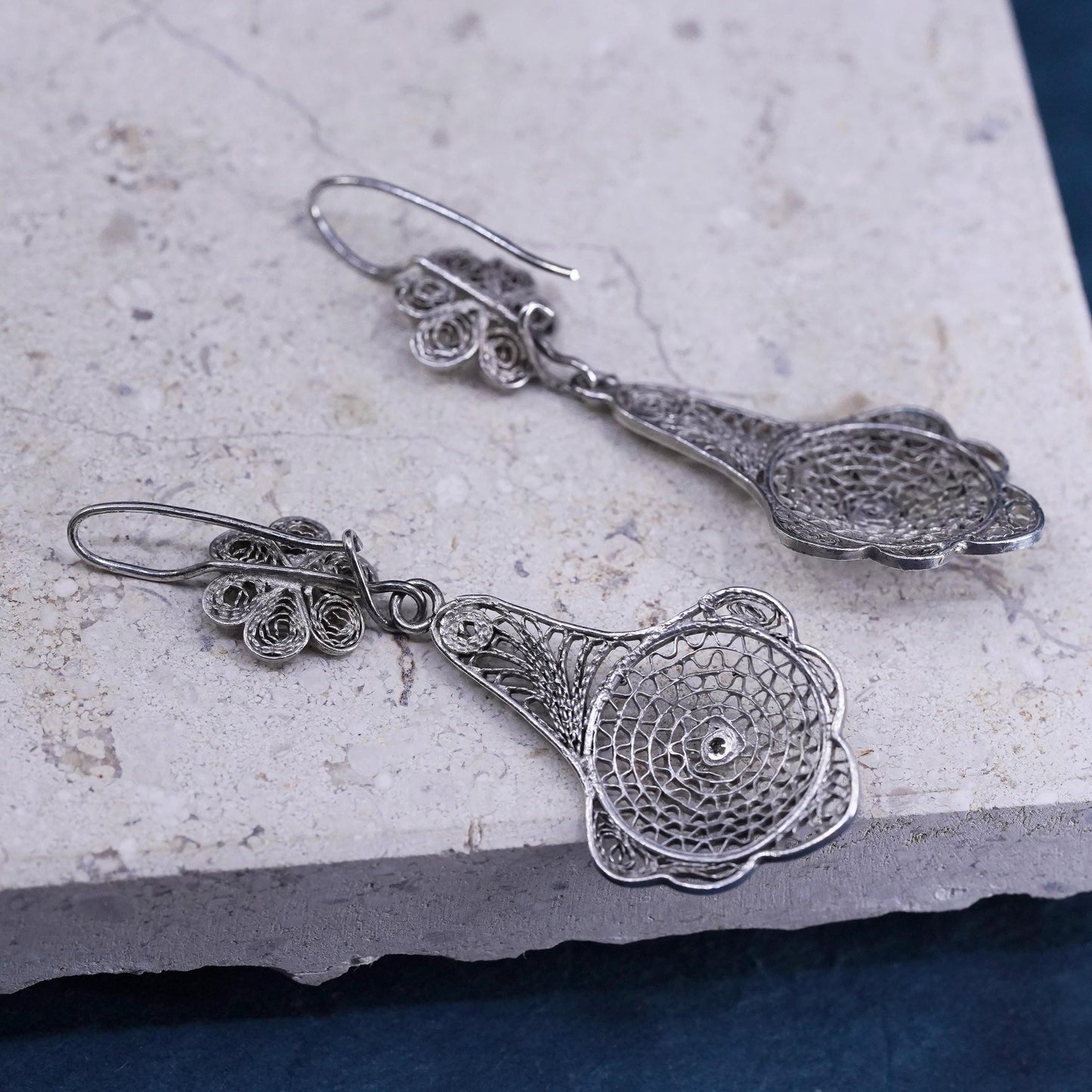 Vintage sterling silver handmade earrings, 925 filigree flower teardrop dangles