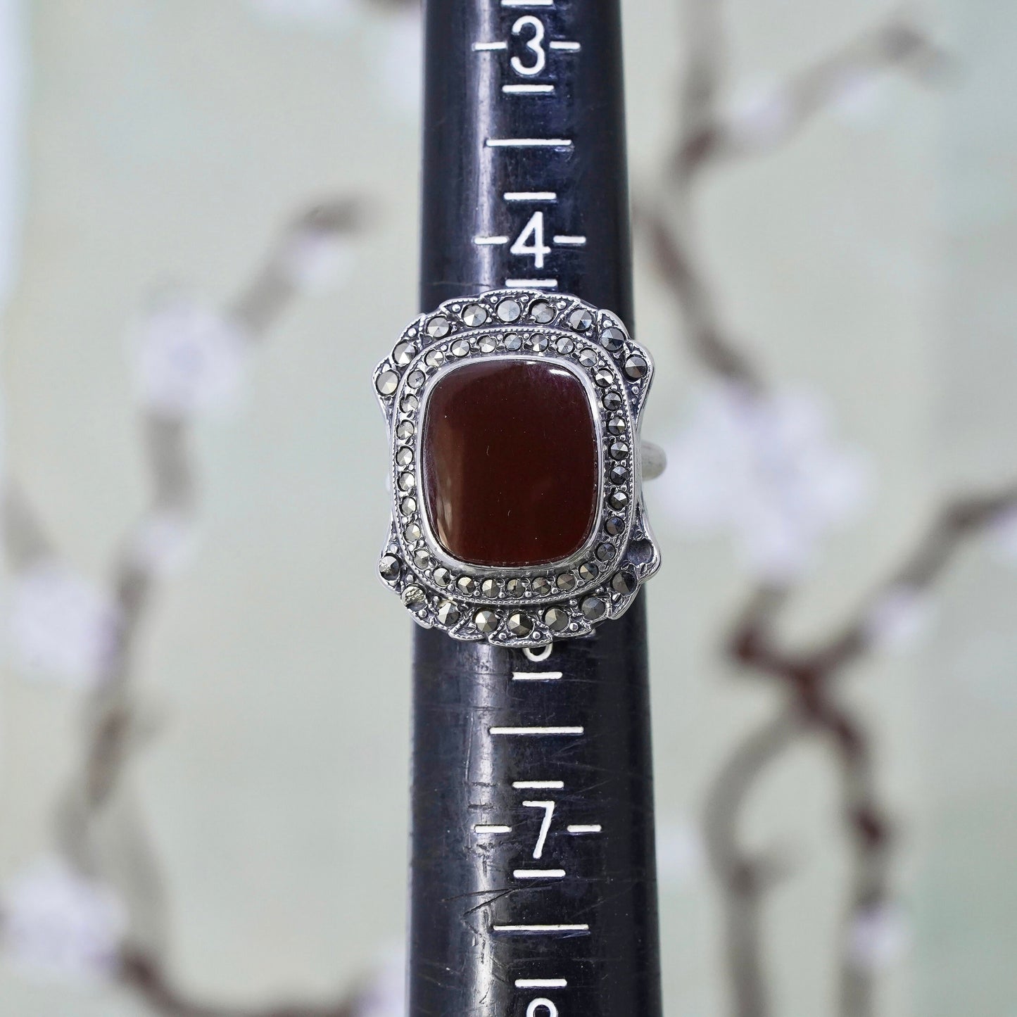 Size 5, Vintage sterling silver 925 handmade ring with carnelian and marcasite