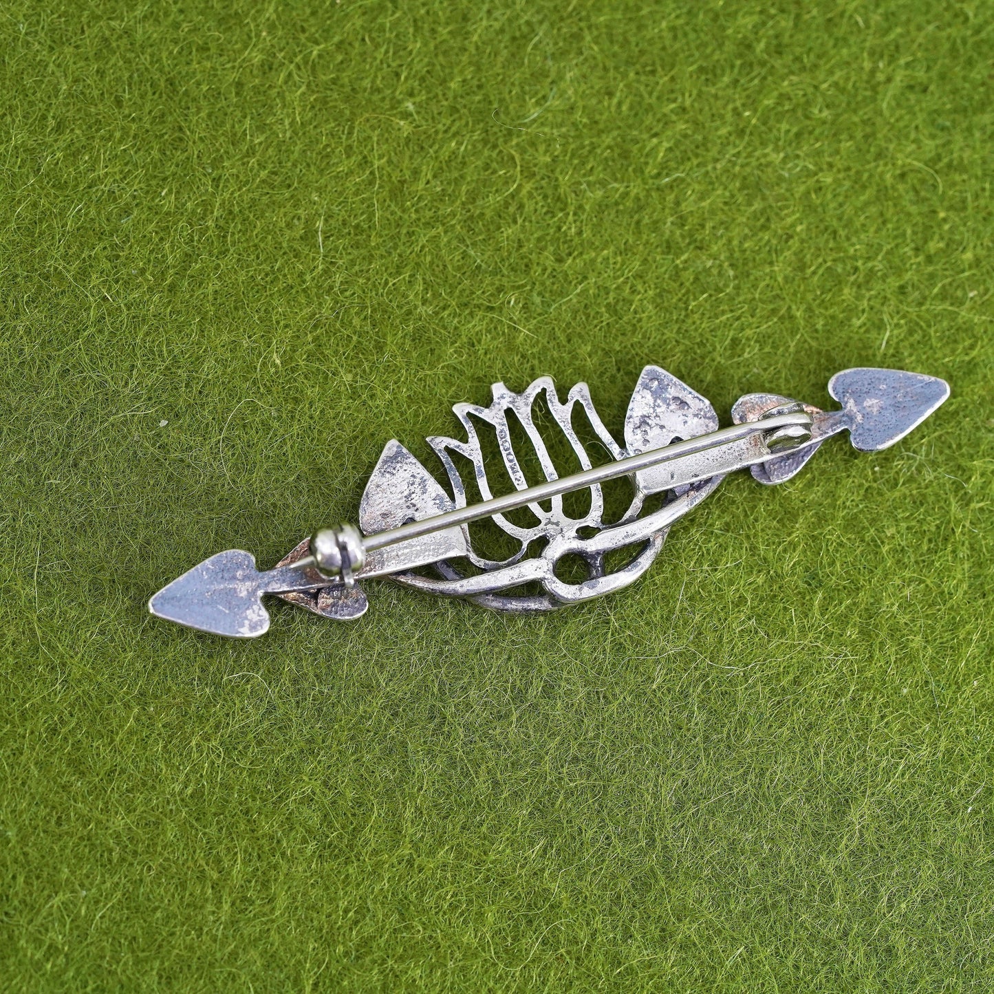 Vintage long sterling silver handmade brooch, 925 flower pin