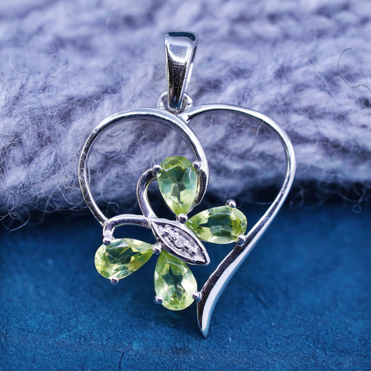 Vintage Sterling 925 silver handmade butterfly heart pendant with green peridot