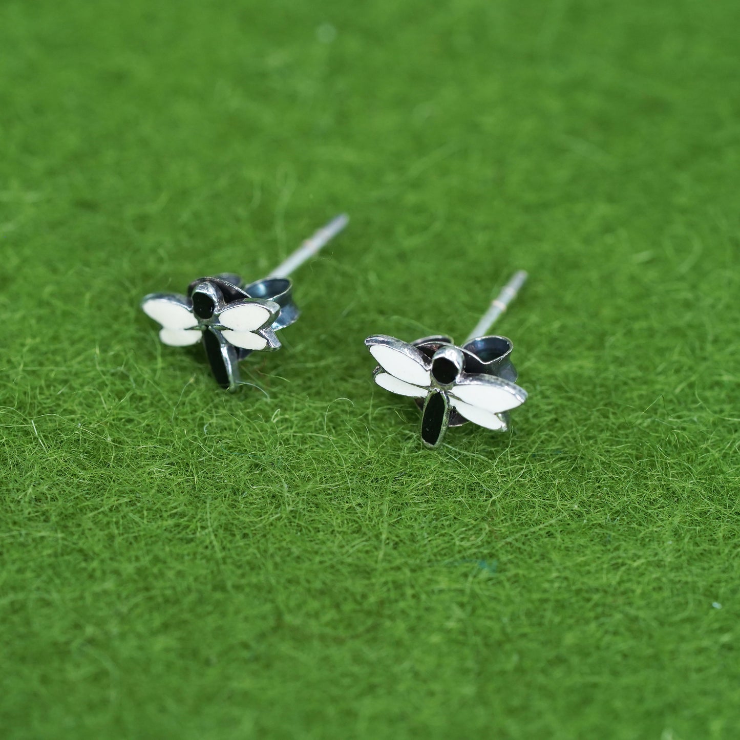 Vintage Sterling silver handmade earrings, 925 enamel dragonfly studs