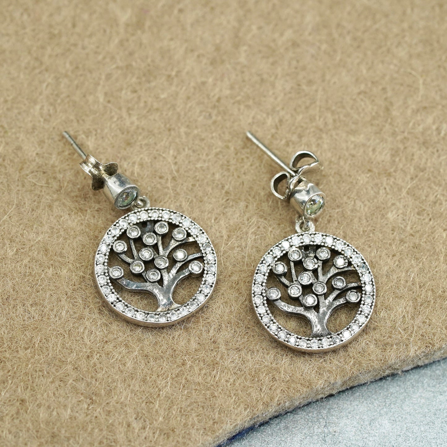 Vintage Sterling 925 silver handmade filigree tree earrings with cluster cz