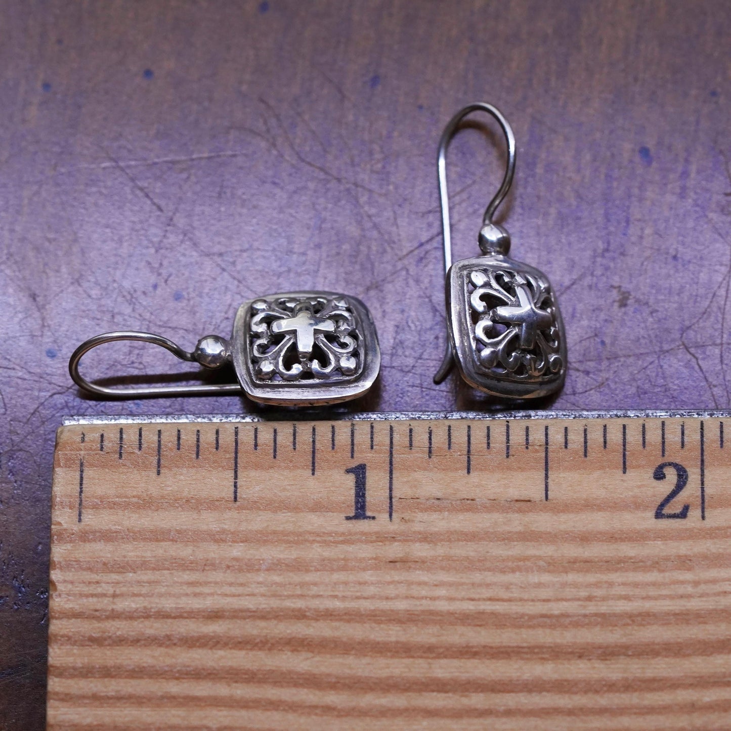 Vintage Sterling 925 silver handmade square filigree earrings with cross