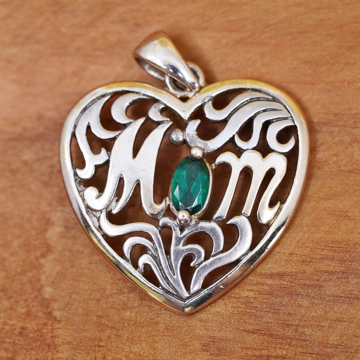 vermeil gold over Sterling 925 silver handmade pendant, heart w/ “mom” emerald