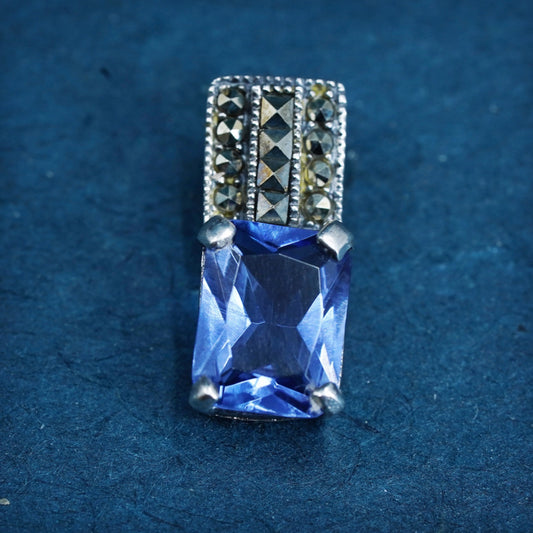 Vintage Sterling silver 925 handmade pendant with blue cz and marcasite