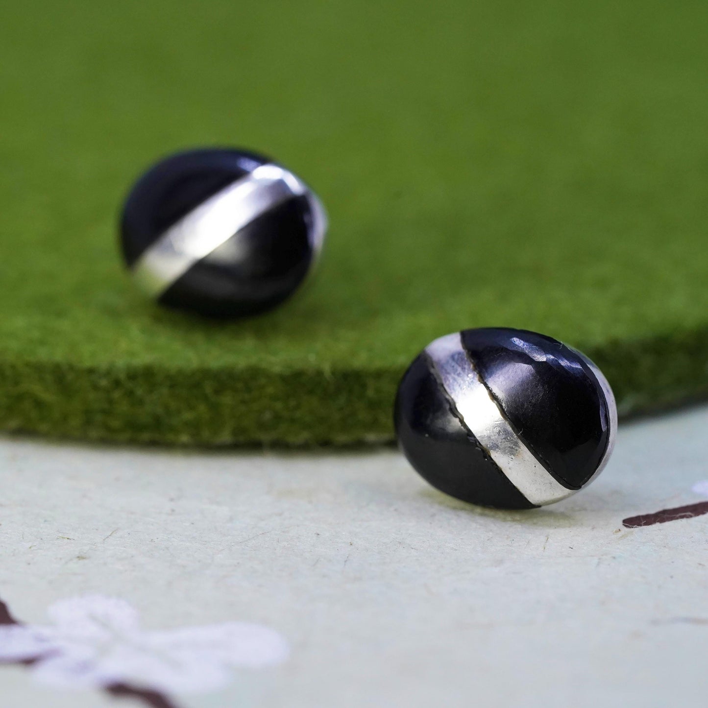 Vintage Sterling silver handmade earrings, Mexico 925 silver studs with onyx