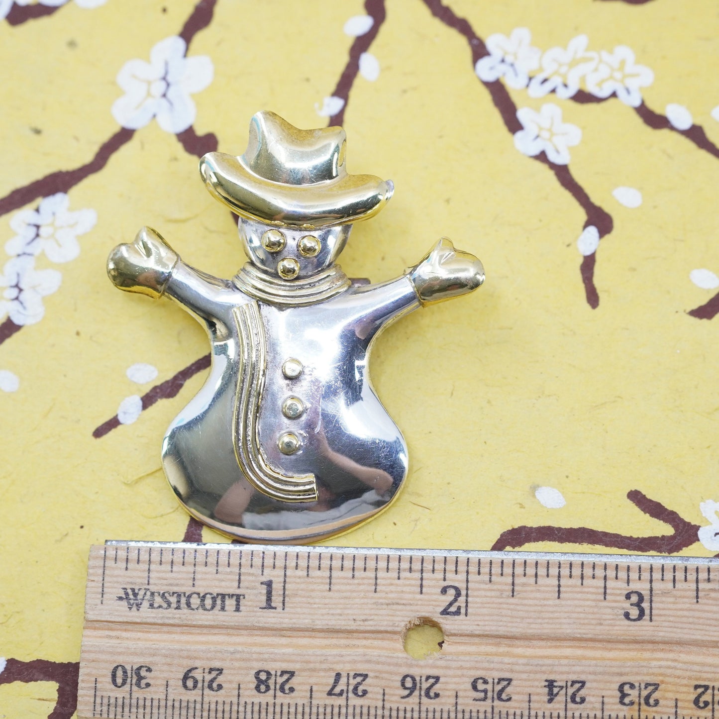 Full Circle two tone sterling 925 silver snowman pendant brooch brass hat