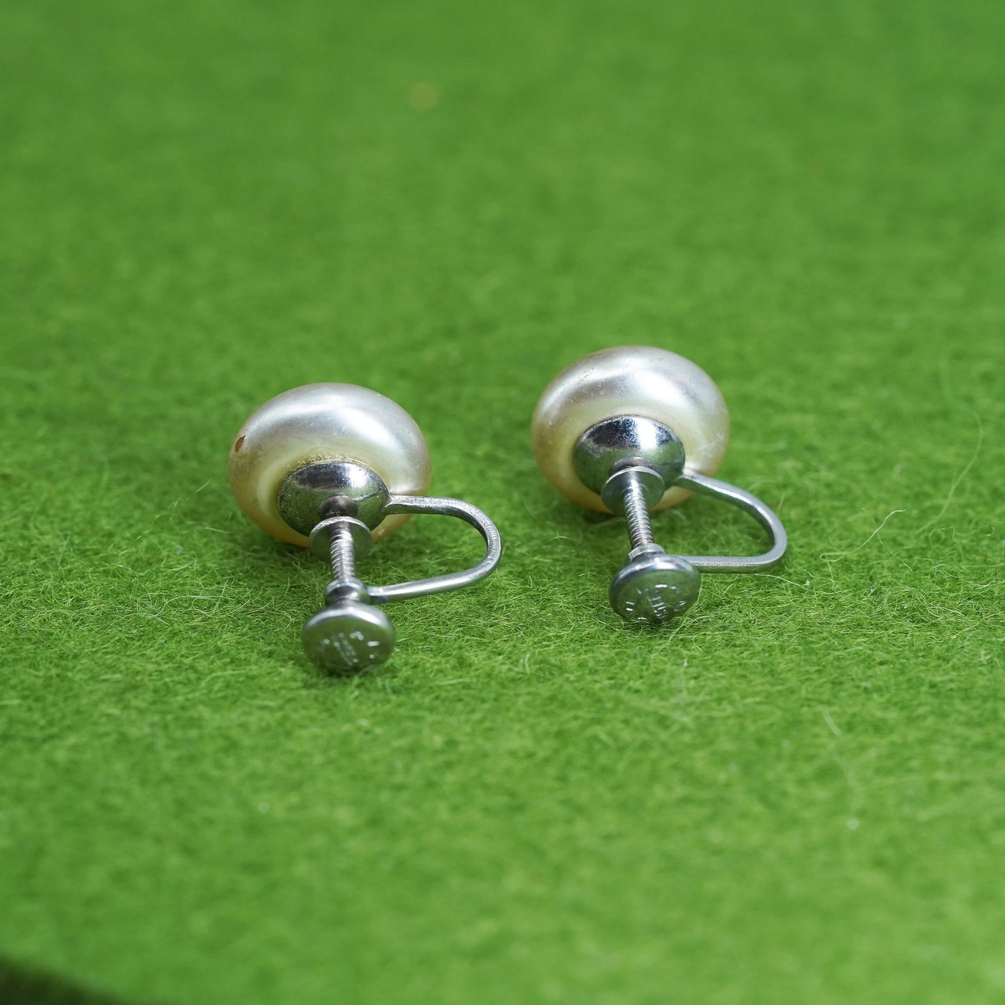 Vintage sterling 925 silver handmade earrings screw back with faux pearl