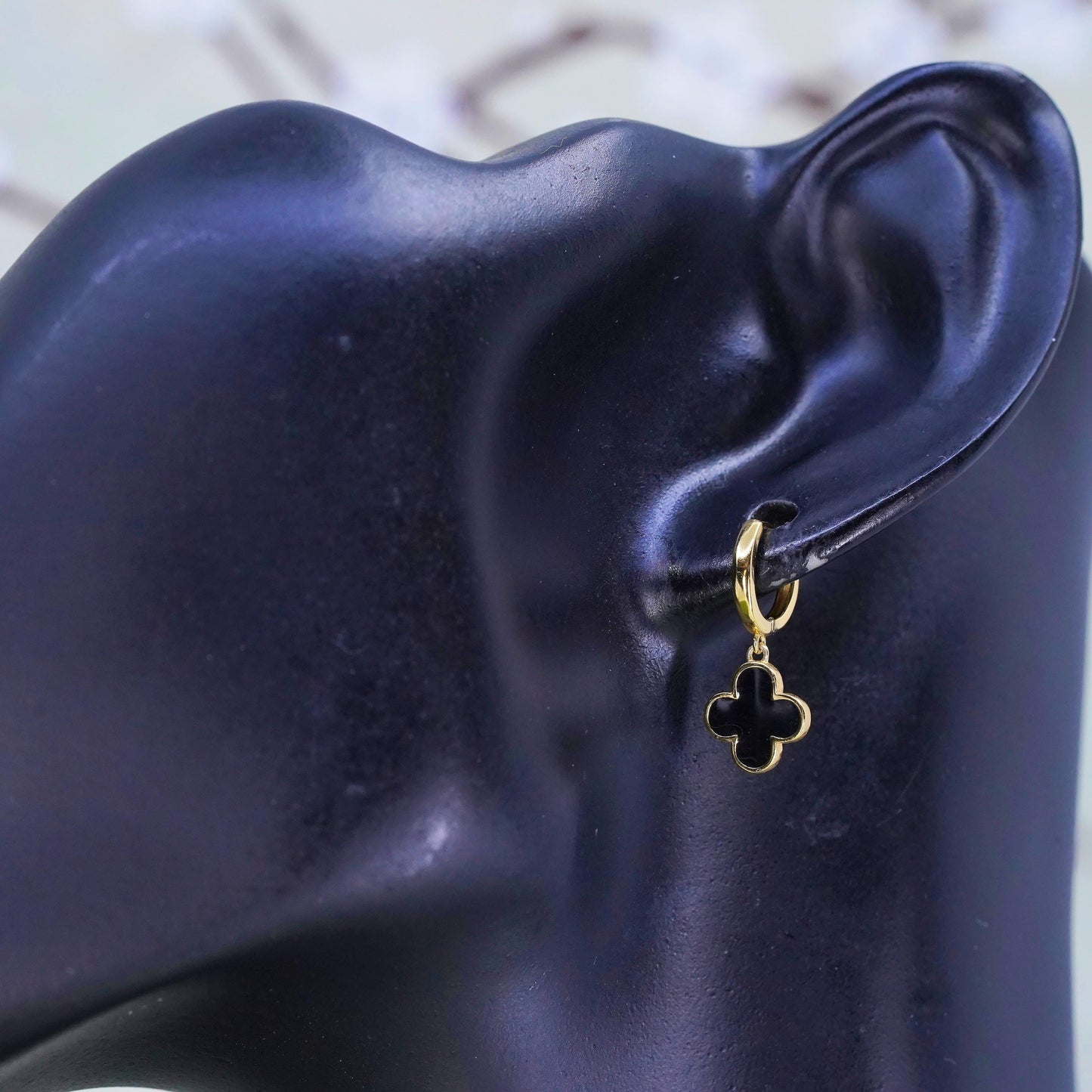 Vermeil gold sterling silver earrings, 925 hoops, huggie black enamel flower