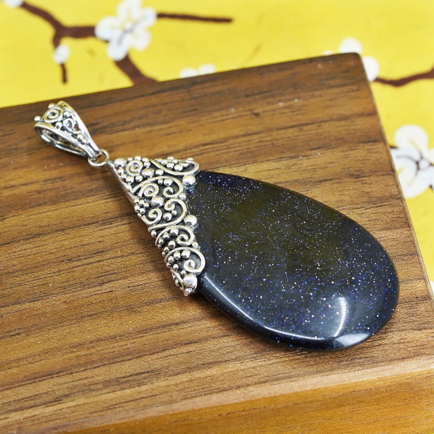 Sajen Sterling 925 silver handmade pendant with blue glittering goldstone