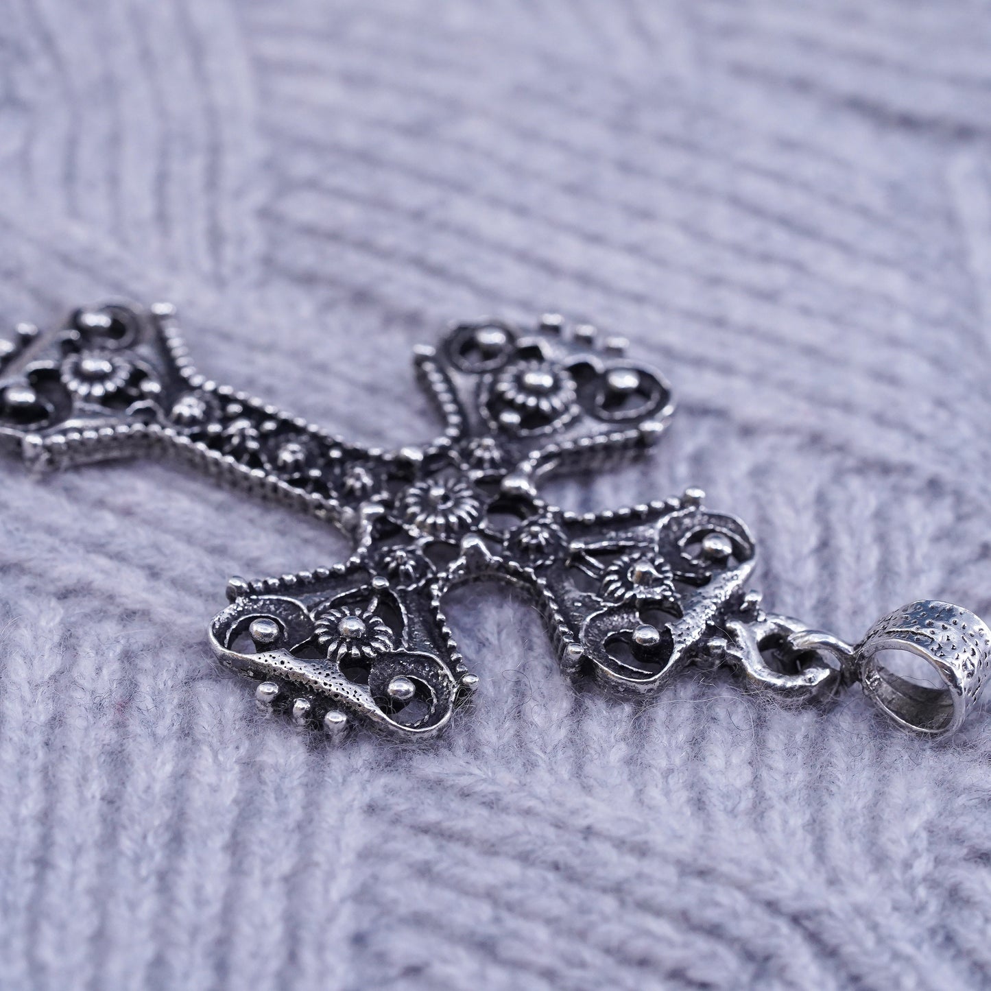 Mexican Sterling silver handmade pendant, huge 925 bead textured cross charm