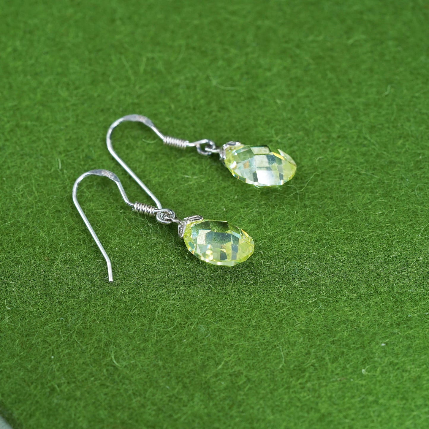 Vintage sterling silver 925 handmade earrings with teardrop crystal green drops