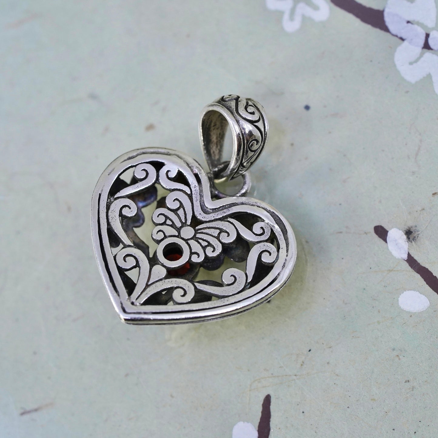 vintage sterling silver handmade pendant, 925 filigree heart charm with garnet