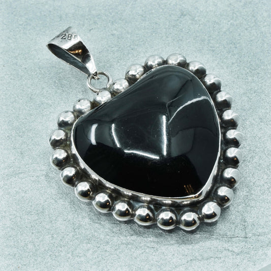 Vintage Mexican Sterling silver handmade, 925 heart pendant with onyx and beads