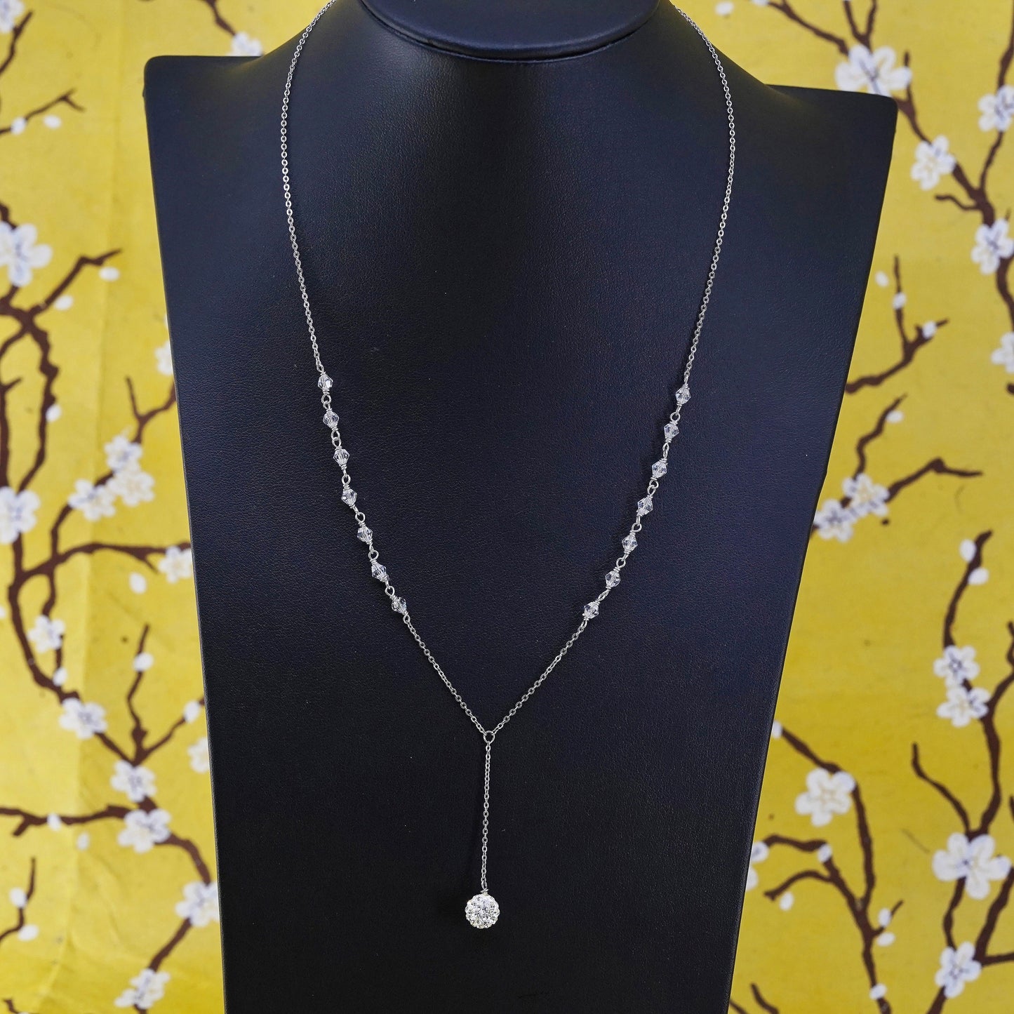 16+2", Sterling silver necklace, 925 circle chain with crystal bead pendant