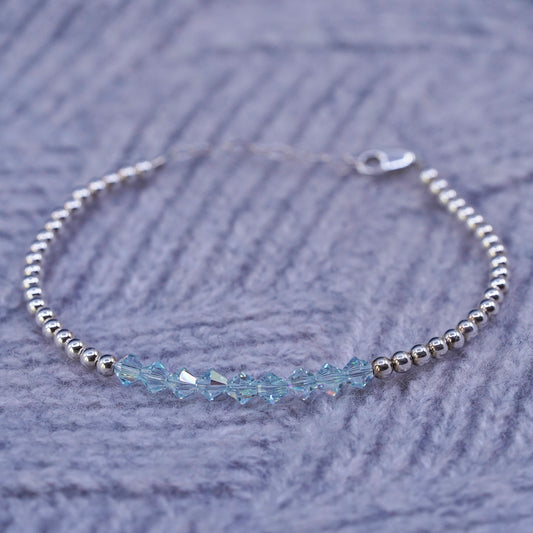 7.25”, vintage sterling 925 silver handmade beads bracelet with blue crystal