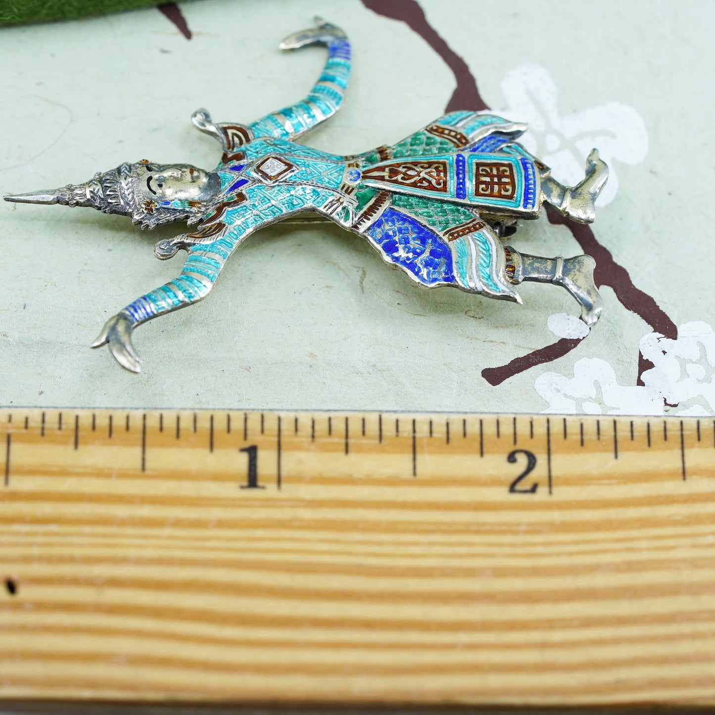 Vintage sterling silver handmade enamel brooch, Indian 925 goddess