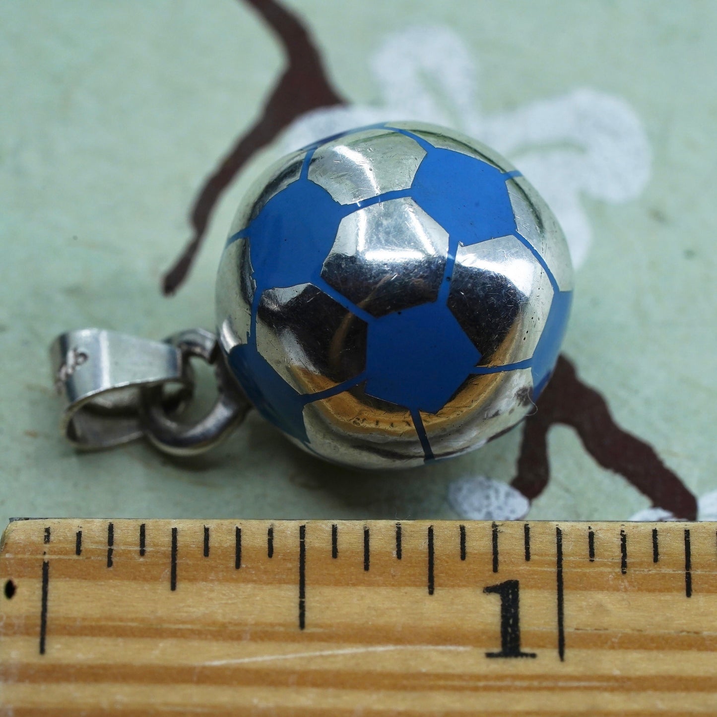 Mexican sterling silver pendant, 925 silver football soccer charm blue enamel