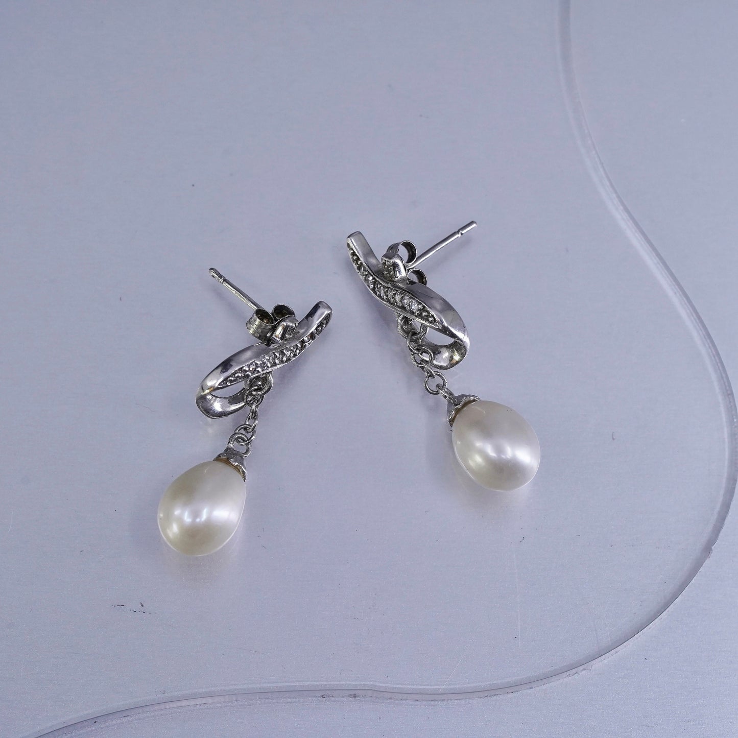 Vintage Sterling 925 silver handmade earrings with teardrop pearl and Cz