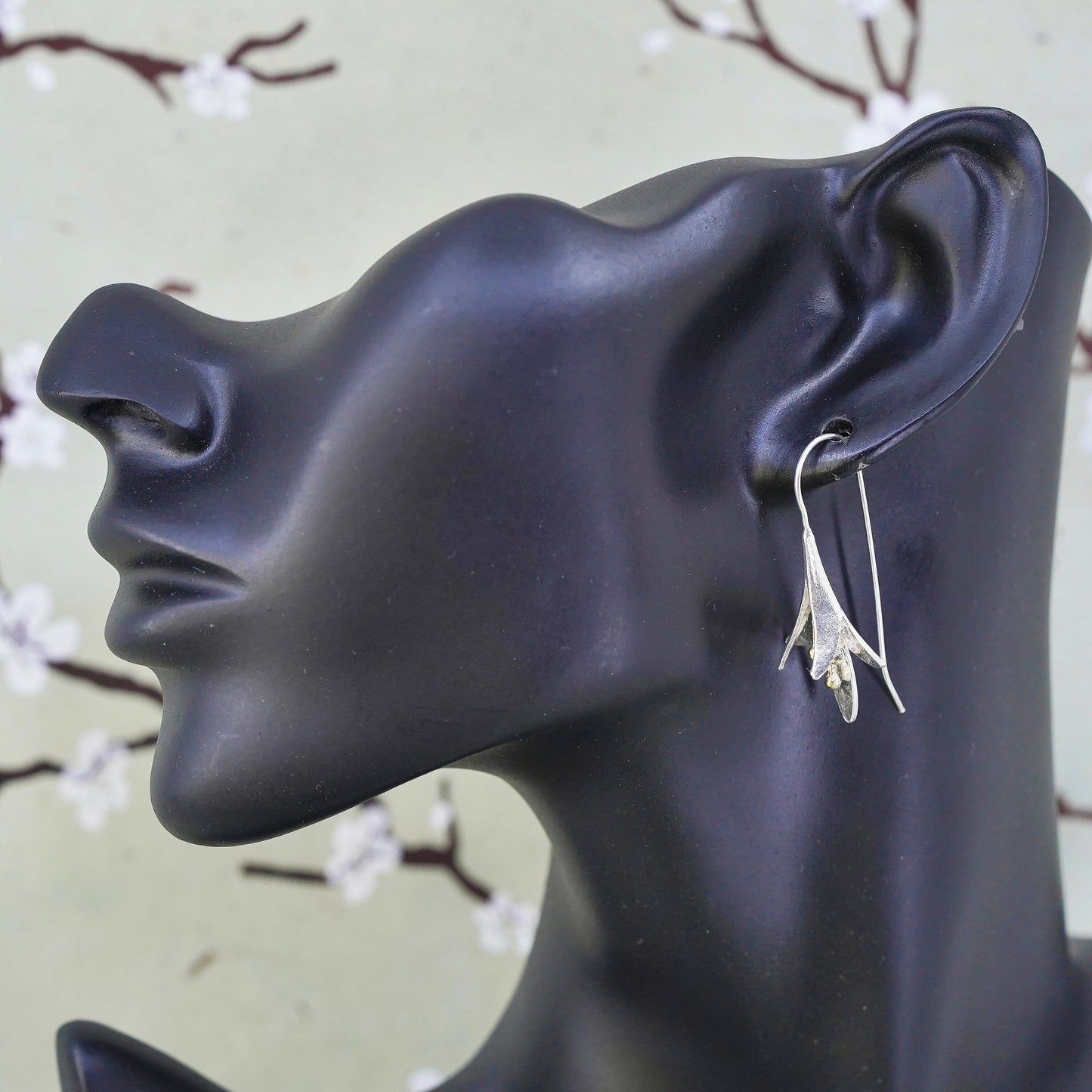 Vintage Sterling silver handmade earrings, Lily flower dangles