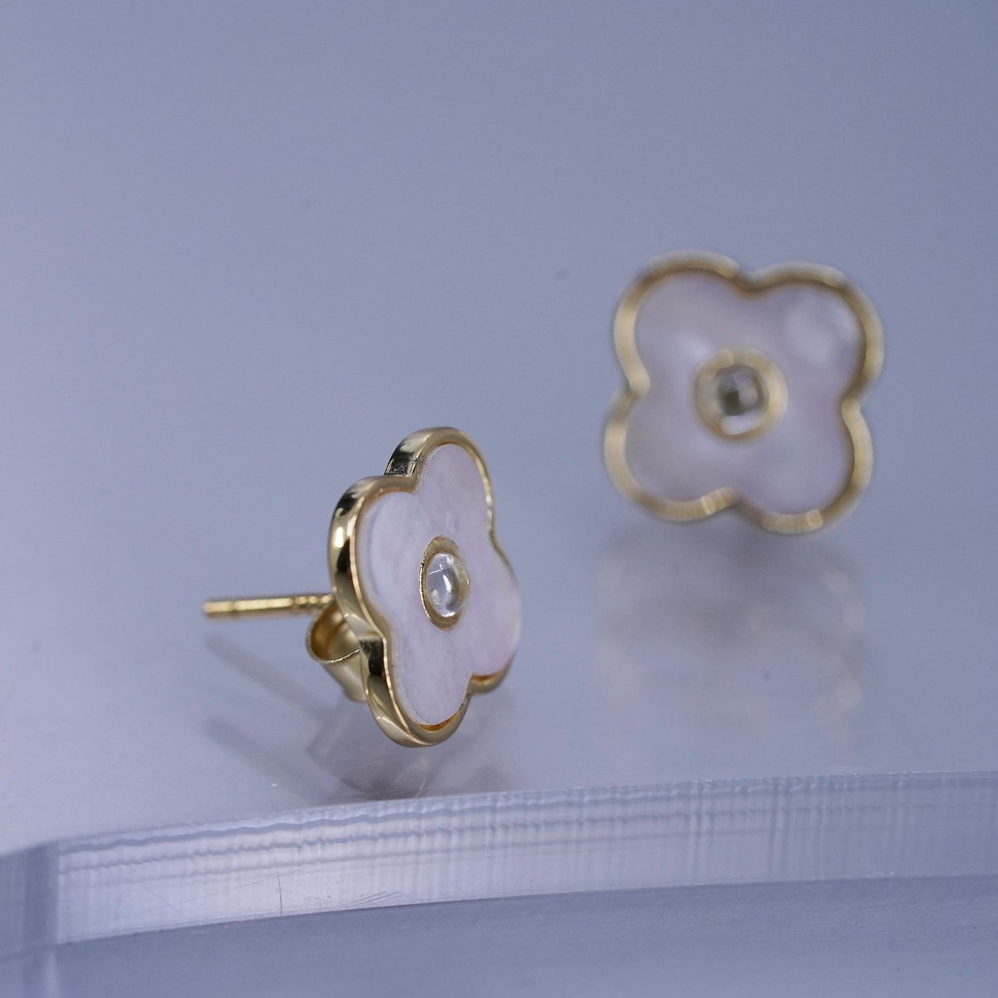 vermeil gold over Sterling 925 silver handmade lucky clover earrings, studs MOP