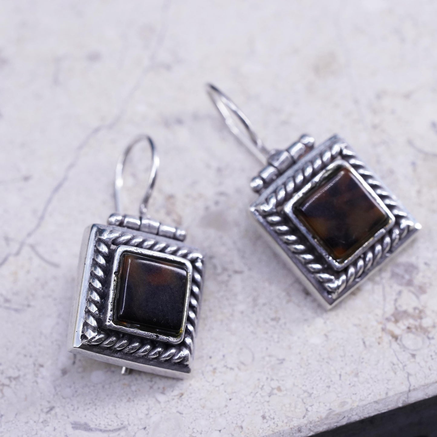 Vintage sterling 925 silver handmade square earrings with amber inlay