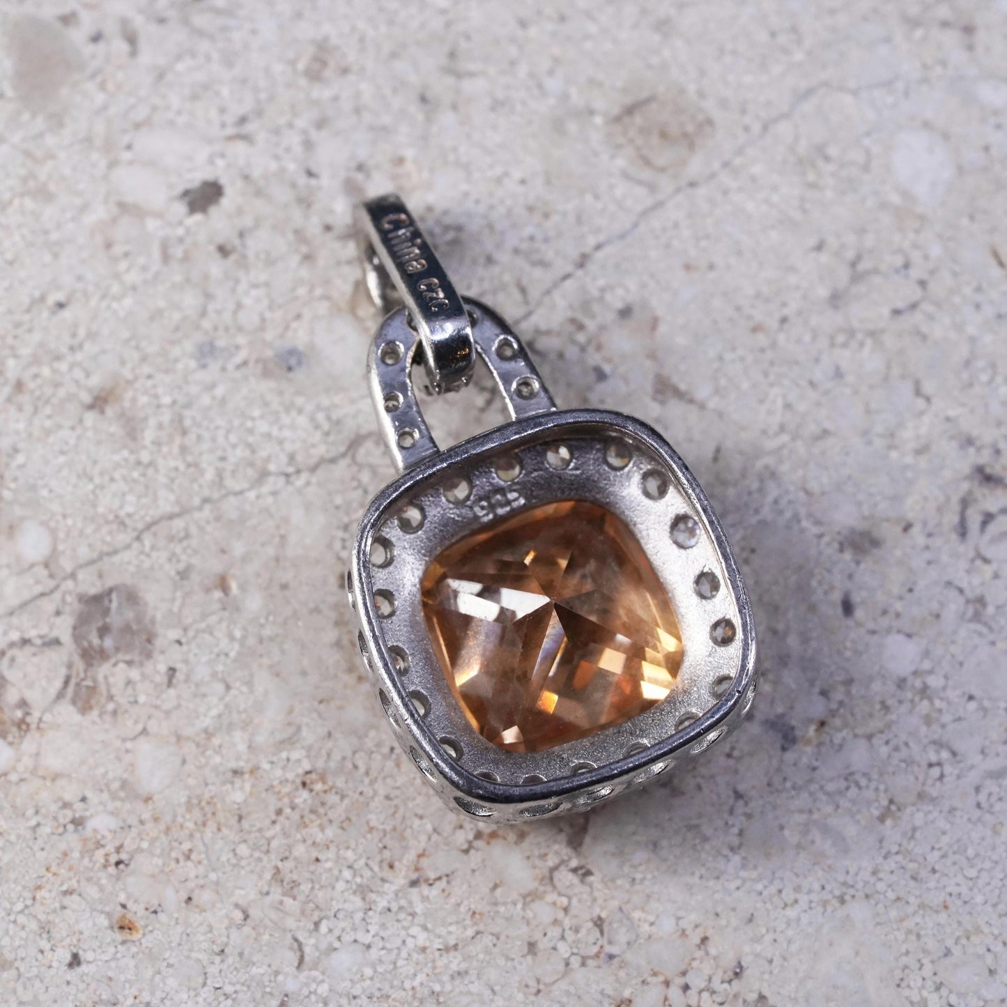 Vintage sterling 925 silver handmade pendant, with square citrine and cz around