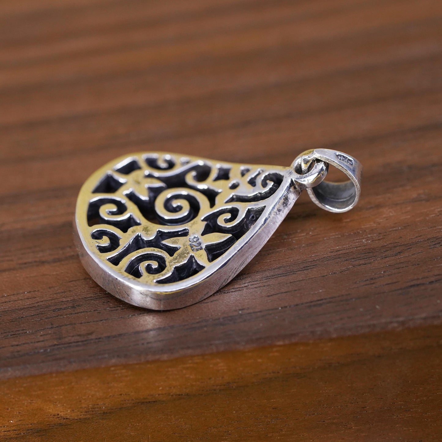 Vintage Sterling silver handmade pendant, 925 filigree puffy teardrop