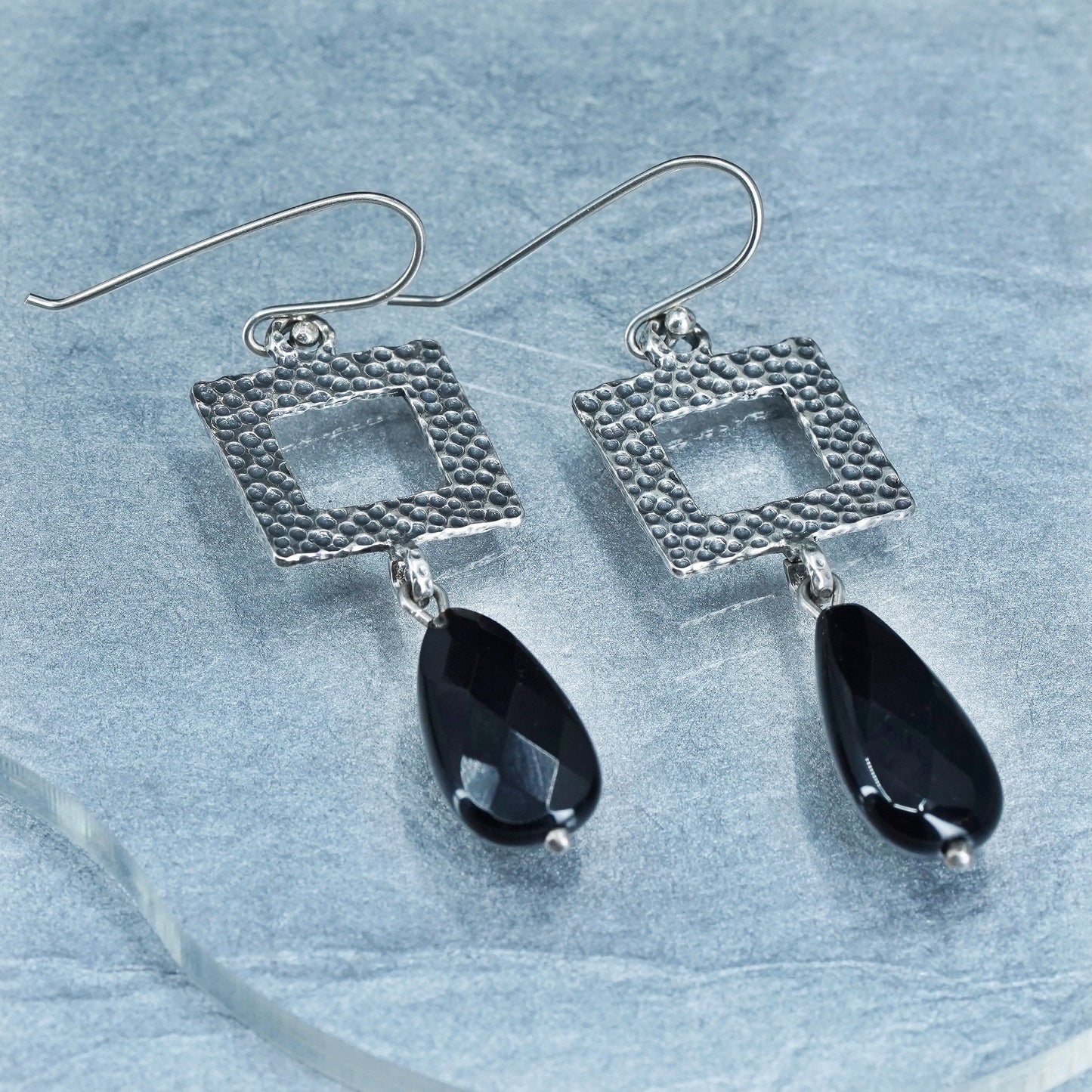 Vintage Sterling silver handmade earrings, 925 square w/ teardrop onyx dangles