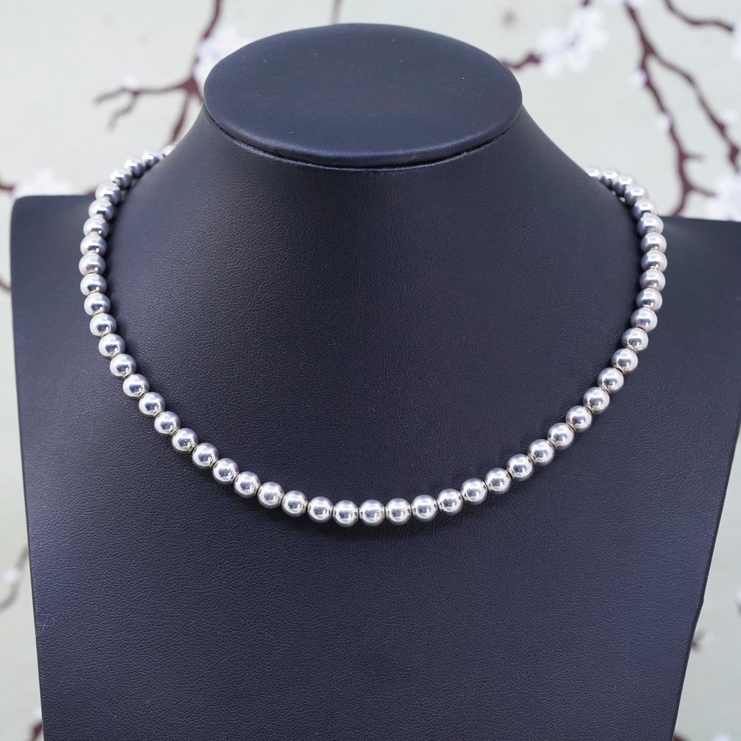 16" 6mm, vintage Sterling silver necklace, 925 silver beads necklace