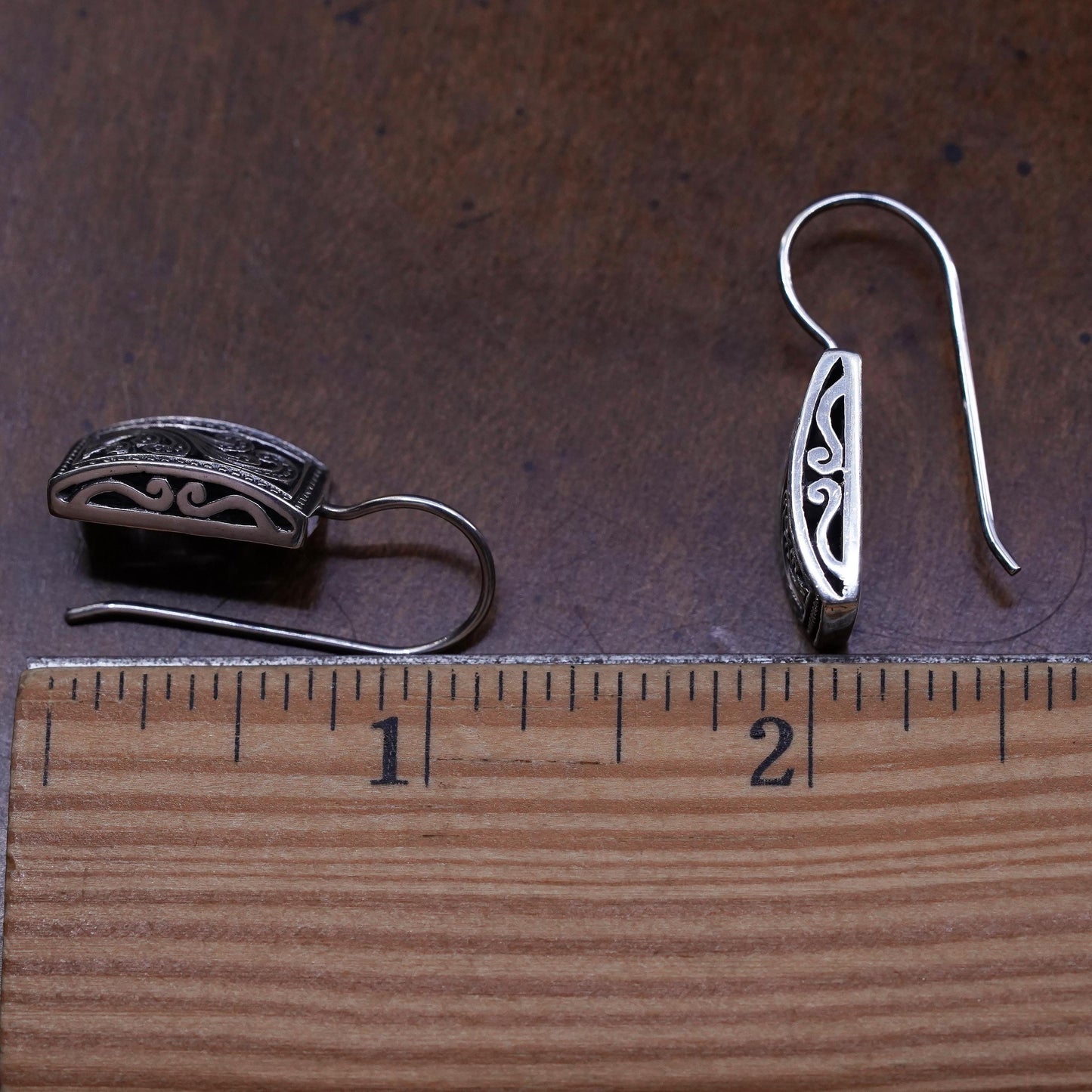 Vintage sterling silver handmade earrings, 925 filigree rectangle drops