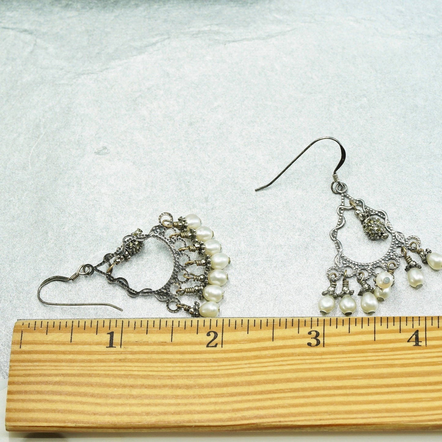 Vintage Sterling 925 silver handmade filigree earrings with cluster pearl